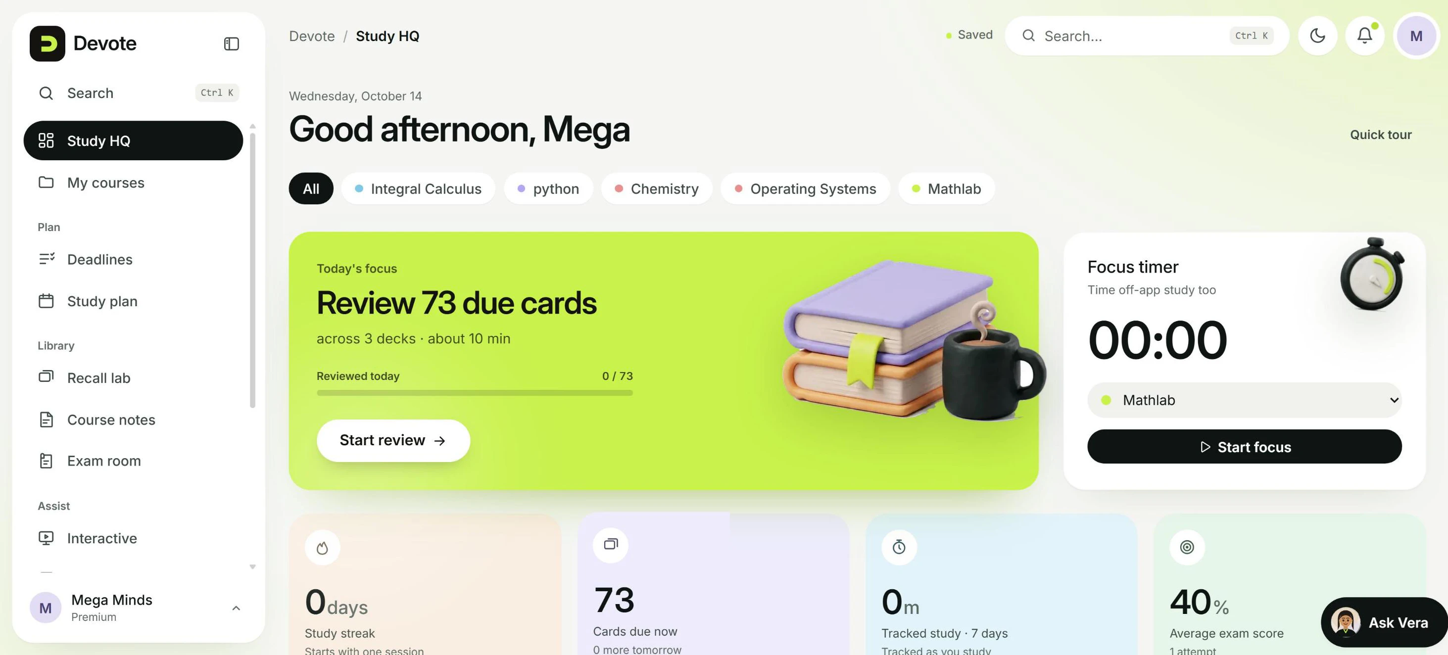 The Devote dashboard — your study HQ: modules, up-next reviews, a focus timer, and your activity matrix, generated from your own material