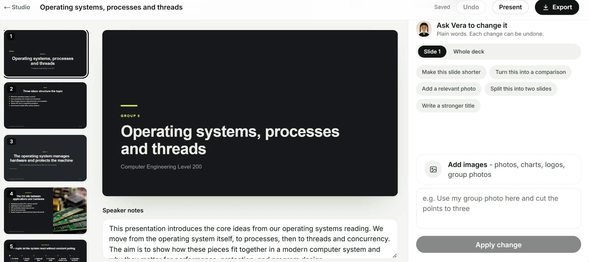Devote Studio: a slide deck on operating systems, processes and threads, with speaker notes and an Ask Vera to change it panel