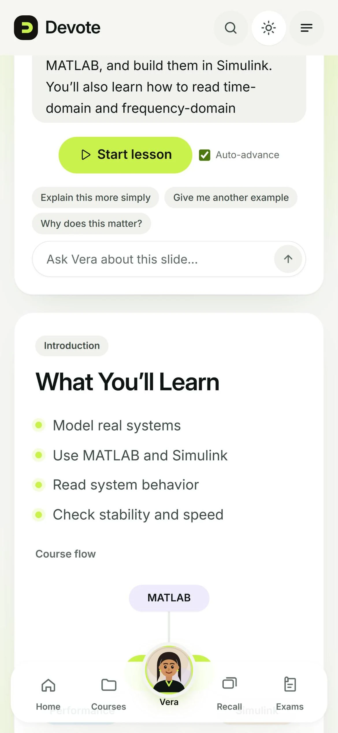 A Learn with Vera lesson: Vera's narration beside a slide with a drawn course-flow diagram, slide progress and playback controls